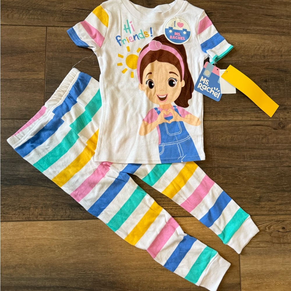 Ms. Rachel Kids' White Pajama Set with Pink, Blue, Yellow & Green Stripes 4T new